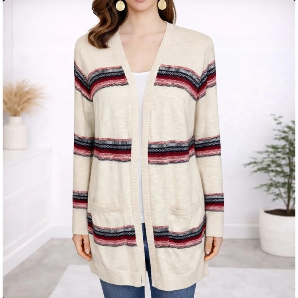 Eddie‎ Bauer Cardigan Sweater Womens XL Cream Striped Open Front Cotton Light